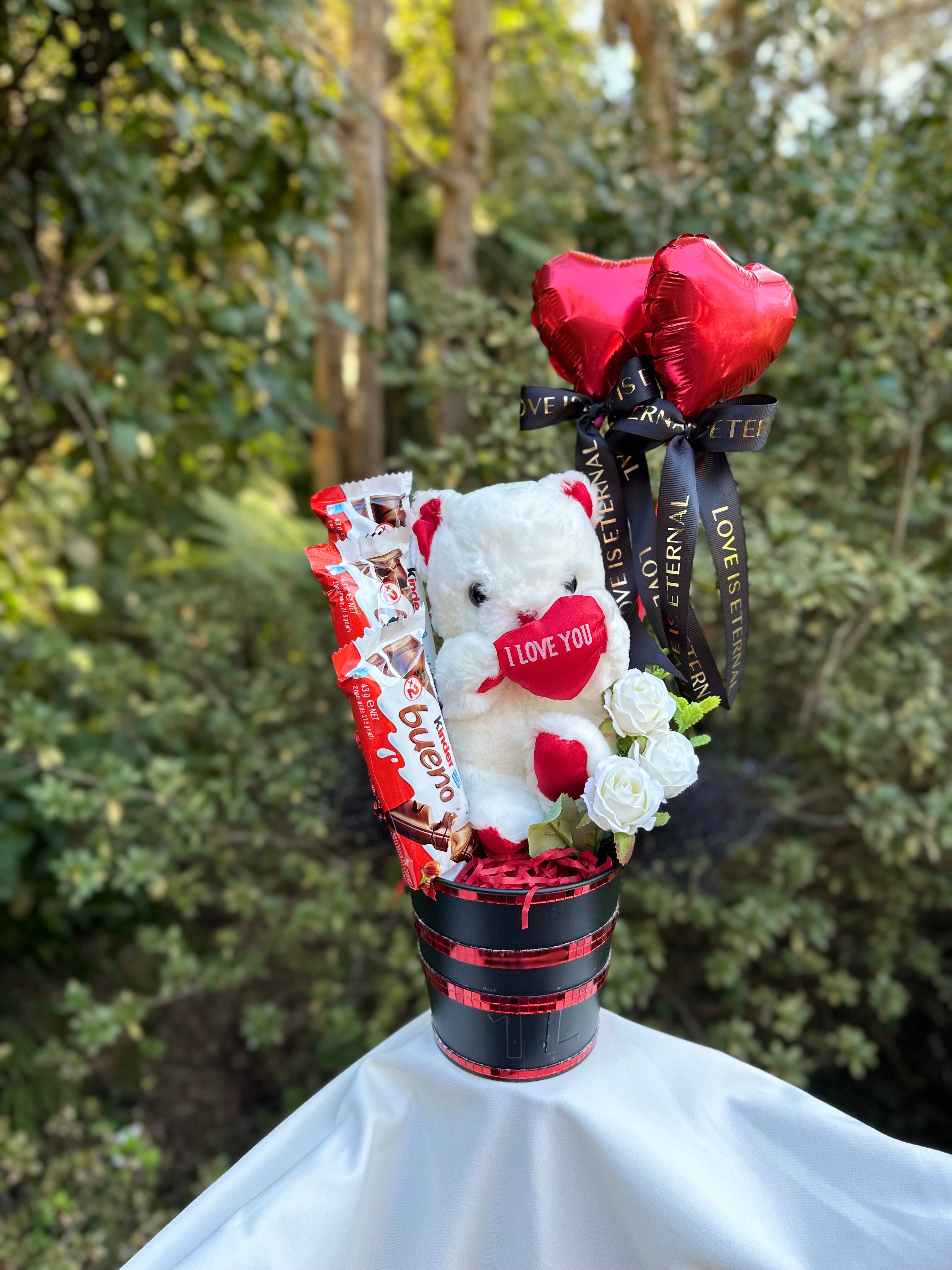 Metal Vase Gift with Teddy, Chocolate, Rose & Heart Balloons