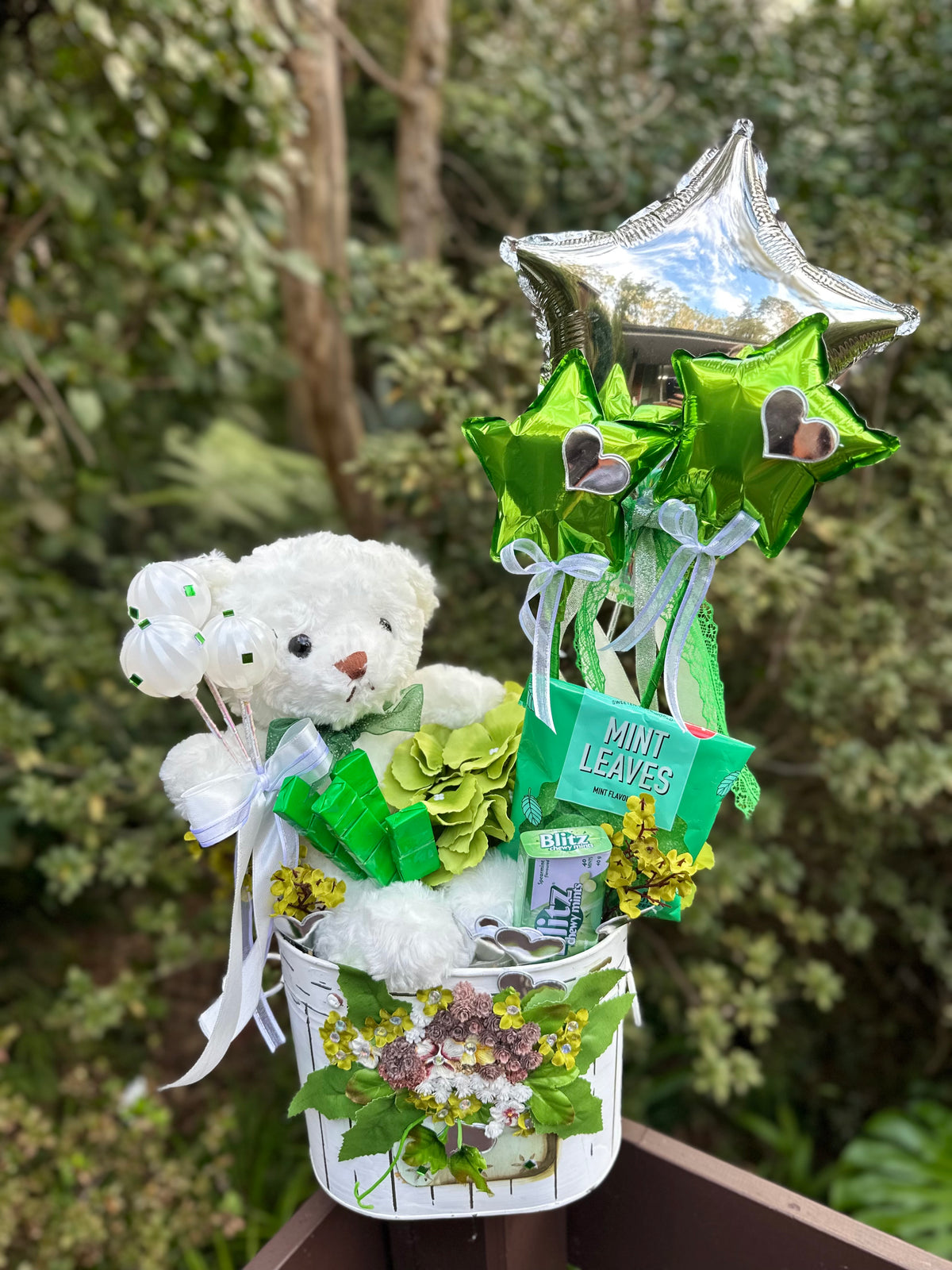 White Metal Vase with Teddy